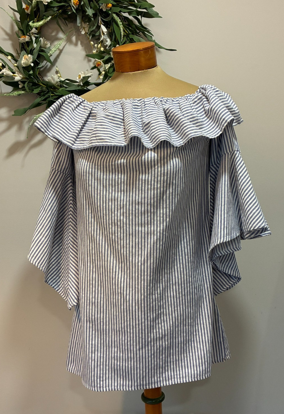Jealous Tomato Off Shoulder Tunic Ruffle Top 100% Cotton, Nautical Beach, Size S